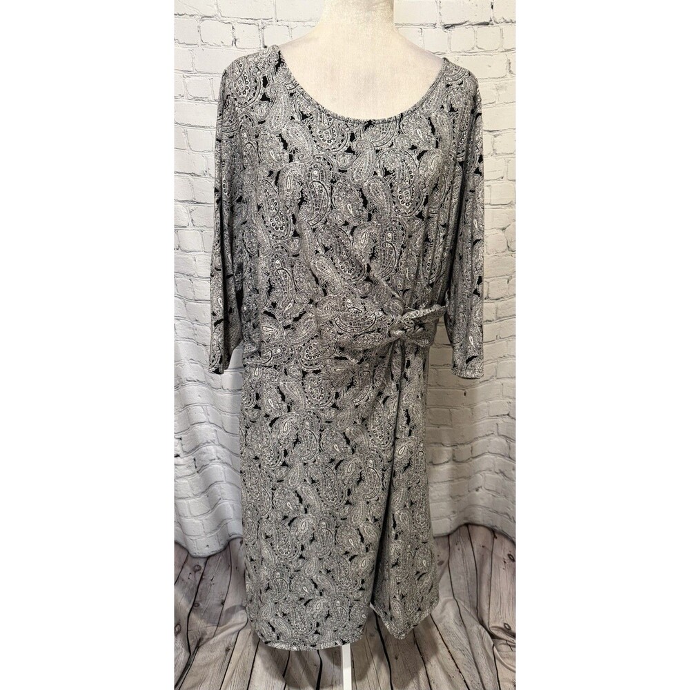 LANDS' END Long Sleeve Black Paisley Long Maxi Black & White Dress Plus Size 2X